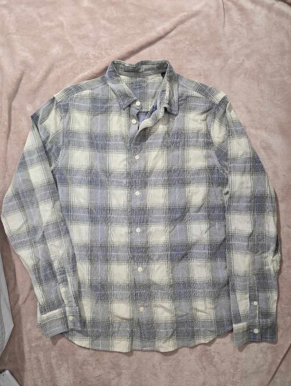 All Saints Green And Cream Long Sleeve Flannel Shirt